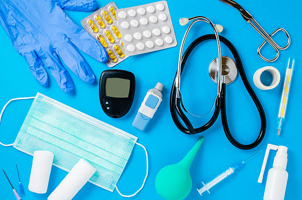 Medical equipment on blue background